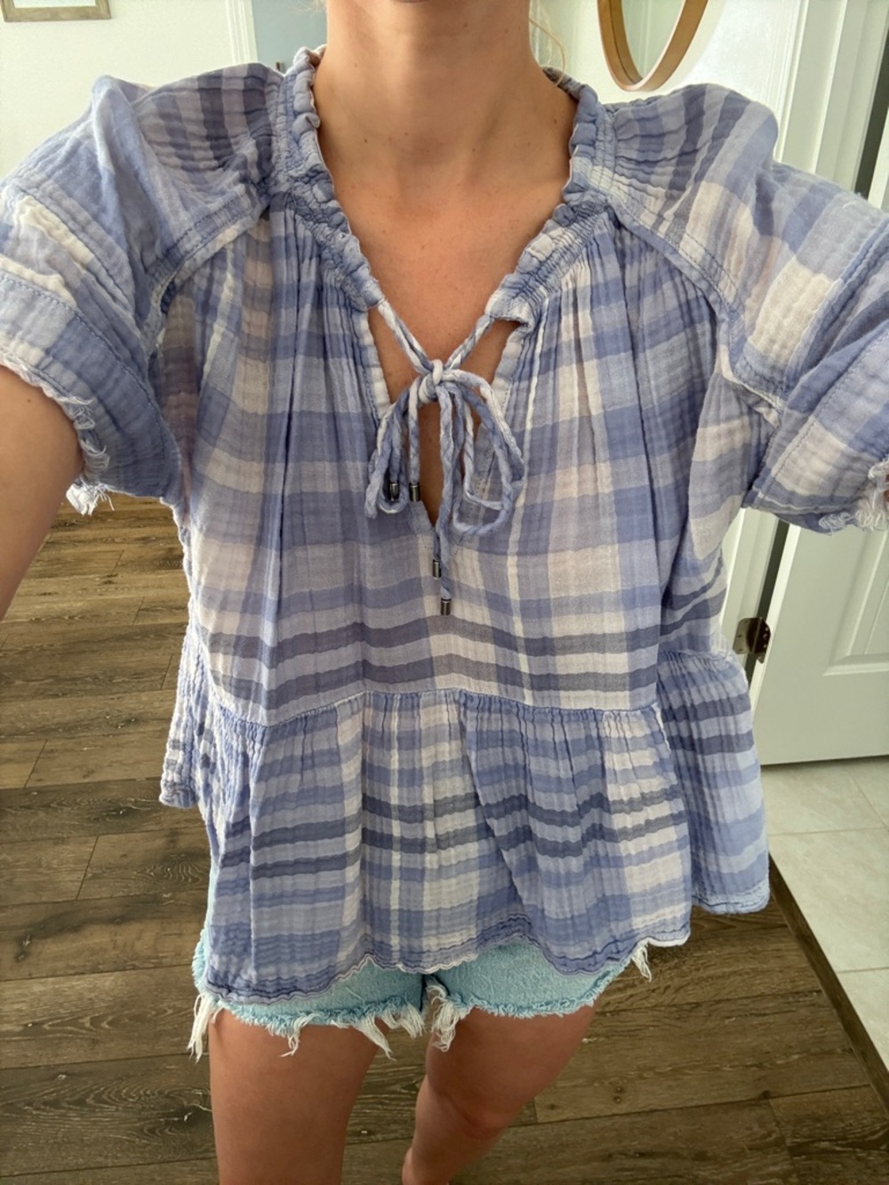 Pilcro Light Blue Plaid Peasant Top